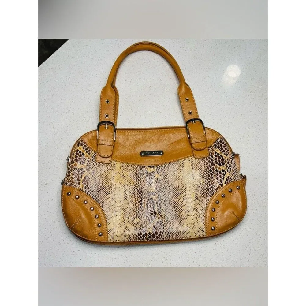 Sharif Studio Tan Snakeskin Embossed Satchel Studded Handbag Medium EUC